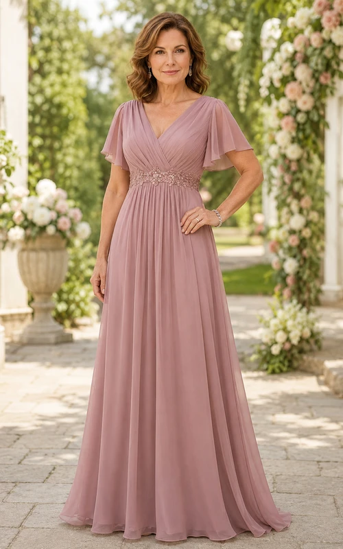 Dusty Rose Empire Waist V-Neck Chiffon A-Line Mother Dress with Flutter Sleeves
