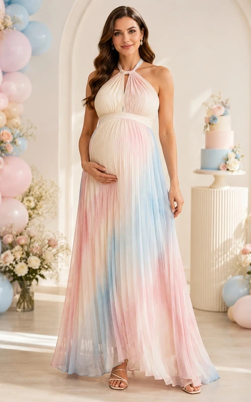 Maternity Pastel Halter Pleated Chiffon Empire Floor-Length Gradient Formal Gown