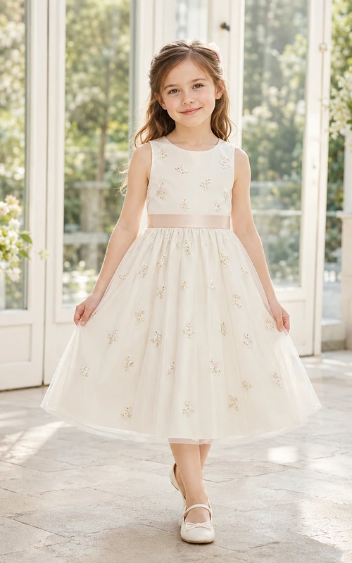 Simple Tulle A-Line Flower Girl Dress with Jewel Neck, Tea-Length Skirt and Pleated Skirt