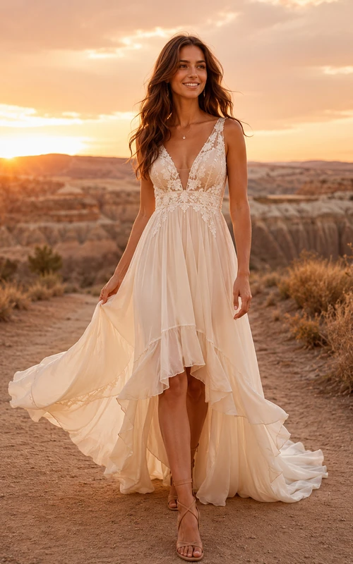 Boho High-low V-neck Chiffon Lace Desert Elopement Dress