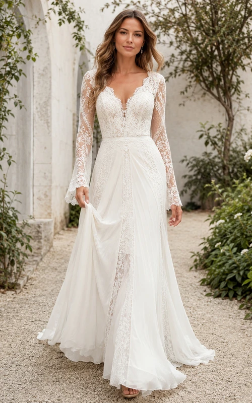 Robe de mariée romantique en mousseline de soie à col en V, manches longues et coupe trapèze, ornée d'un col en V et d'une traîne courte, ornée d'un imprimé floral.