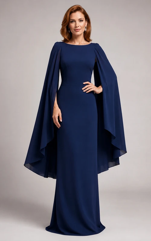 Dark Navy Jewel Neck Cape Sleeve Column Gown