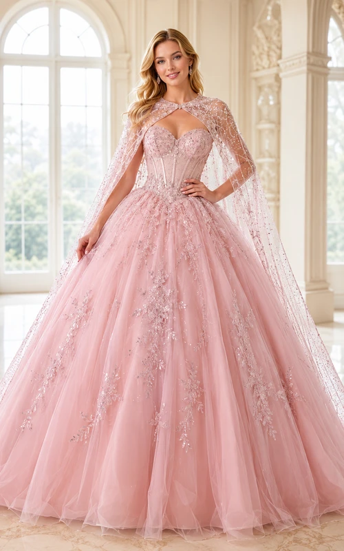 Blushing Pink Luxury Removable Crystal Cape Beaded Tulle Quinceanera Princess Ball Gown