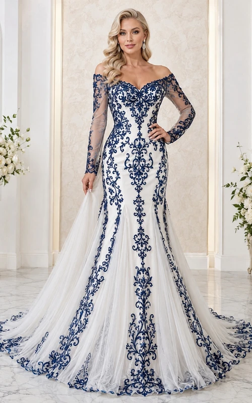 Marineblaues, aufwendig verziertes Meerjungfrauen-Brautkleid mit schulterfreiem Schnitt, langen Ärmeln und Spitze