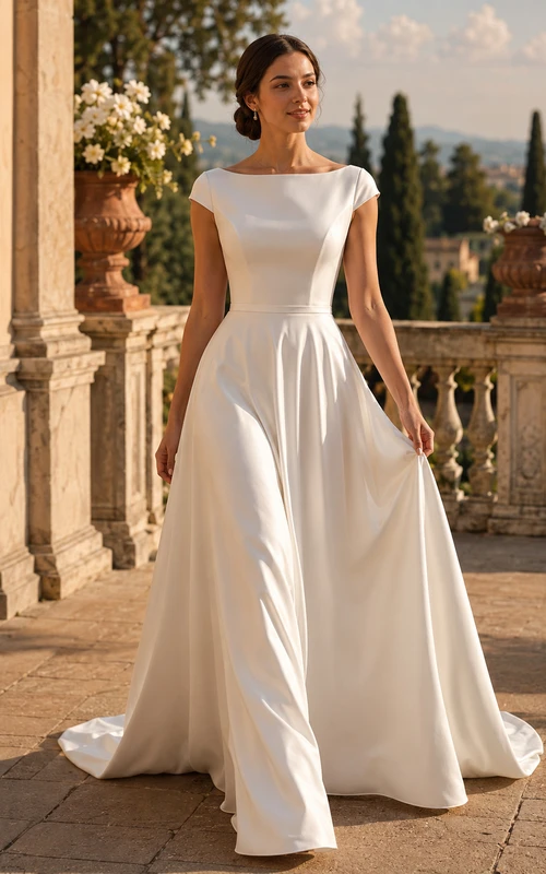 Bateau Neck Satin European Balcony Ball Gown Elopement Dress