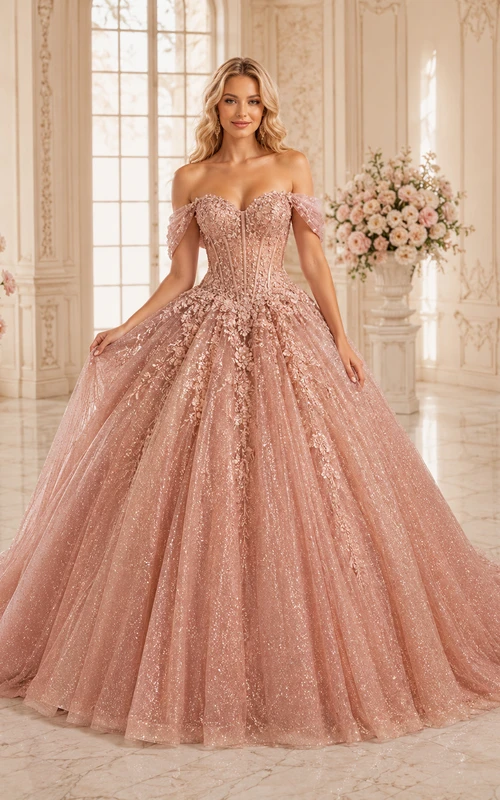 Rose Gold Luxury Off Shoulder Glitter Tulle Chapel Train Quinceanera Princess Ball Gown