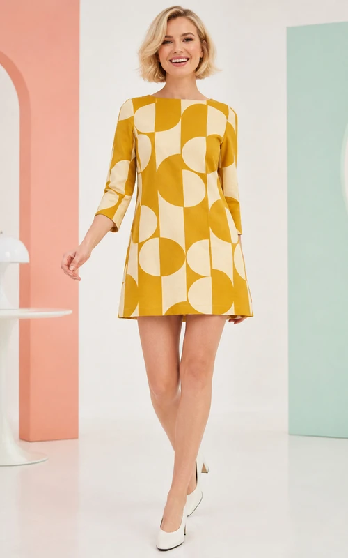 Minikleid im modernen Vintage-Stil mit geometrischem Narzissenmuster, U-Boot-Ausschnitt und Dreiviertelärmeln