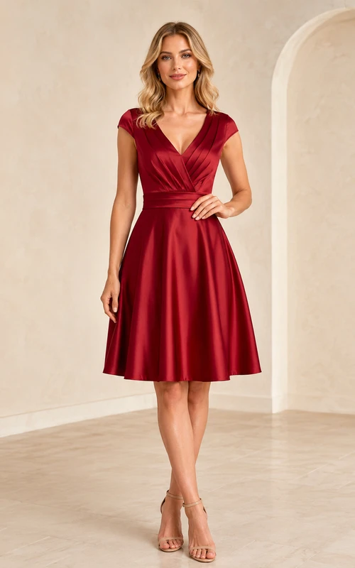 Rotes Cocktailkleid aus Satin mit V-Ausschnitt und kurzen Ärmeln