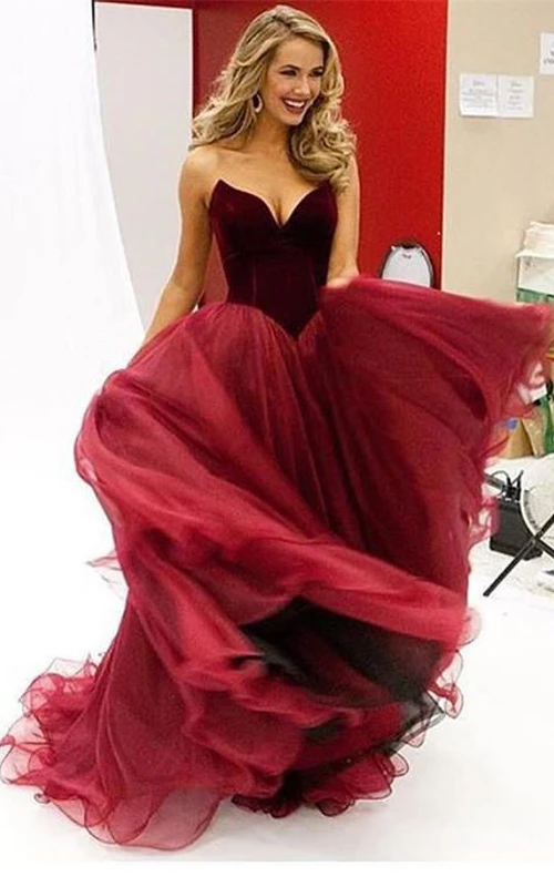 Robe de soirée princesse bordeaux moderne en organza, sans manches, décolleté cœur