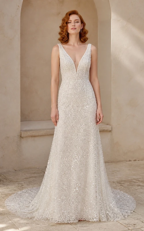 Vestido de novia largo hasta el suelo, de corte recto, escote en V y sin mangas, con brillo intenso y lujoso.
