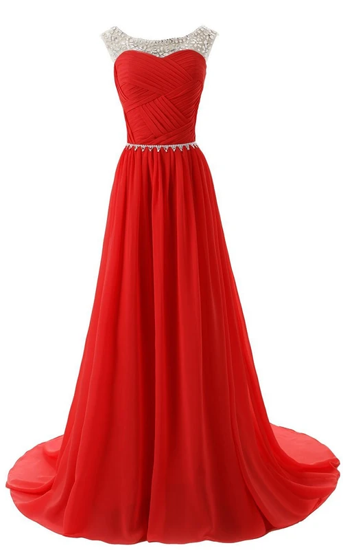 A-Linien-Kleid mit Scoop-Ausschnitt, Kristallperlen und Chaple-Schleppe