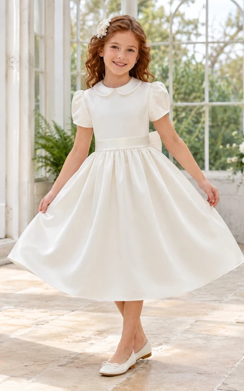 Robe de demoiselle d'honneur en satin à col Claudine et manches bouffantes, avec col bouffant et manches bouffantes.