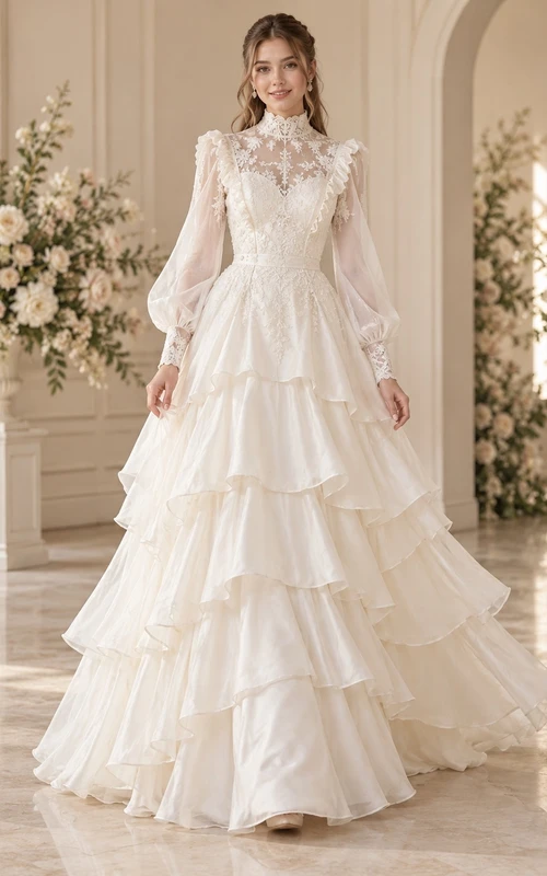 Brautkleid in A-Linie mit hohem Kragen, Spitzenkragen, Bischofsärmeln, Stufenrüschen und Rüschen
