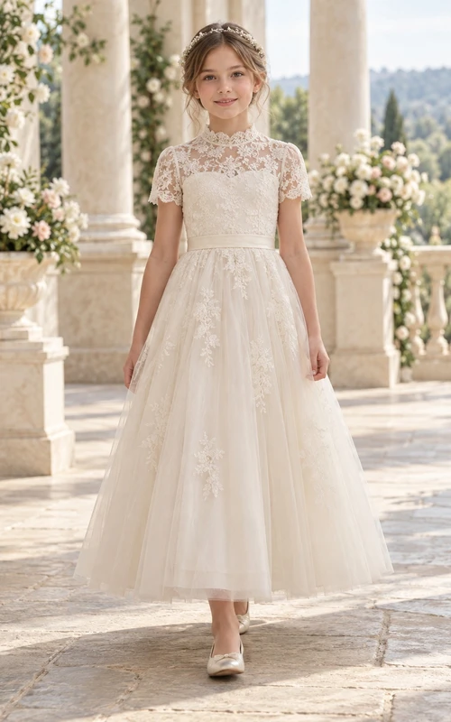 Vestido de niña de flores de corte A, tul, manga corta, cuello alto, color marfil con estampado floral, hasta la rodilla.