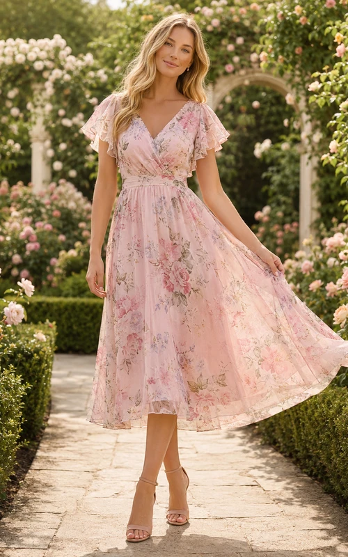 Blush Botanical Garden Wedding Guest Dress A-Line Chiffon V-Neck Short Sleeve Tea-Length Floral