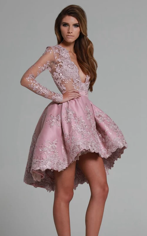A Line Long Sleeves High Low Party Dresses With Lace Applique