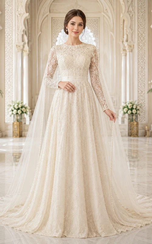 Robe de mariée romantique en dentelle, coupe trapèze, traîne, manches longues et col montant illusion modeste