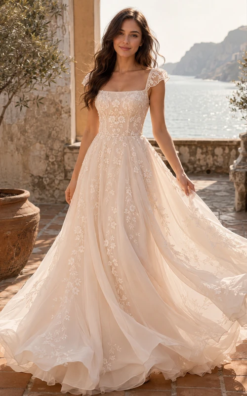 Blush Tulle Embroidered Mediterranean Coast A Line Gown