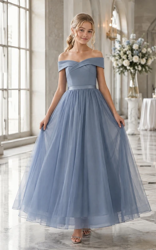 Stahlblaues Brautjungfernkleid für junge Mädchen, A-Linie, schulterfrei, kurze Ärmel, Tüllrock