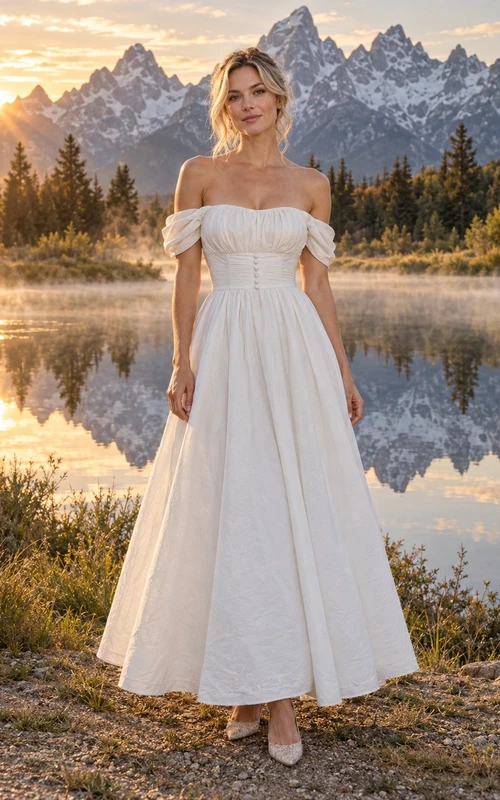 Vestido de novia sencillo de popelina de algodón con escote Bardot, mangas cortas y fruncido, largo hasta los tobillos y corte en A.