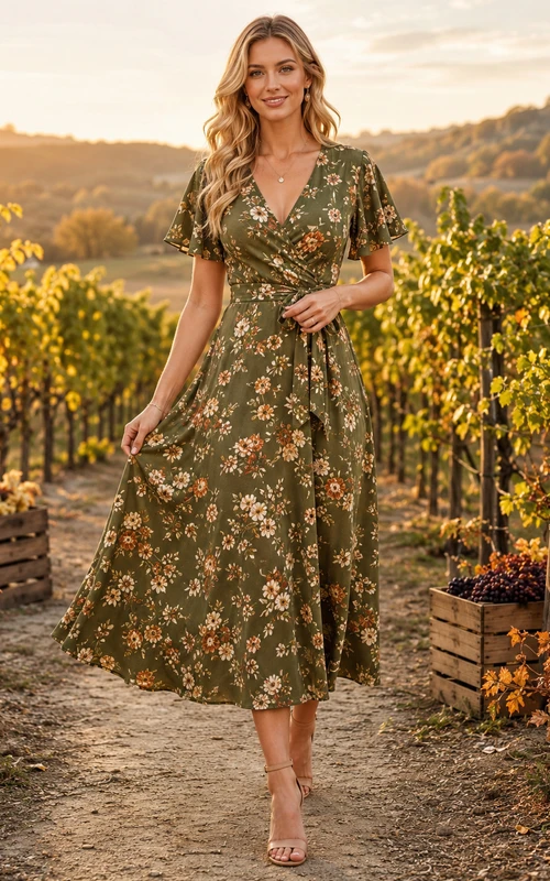 Olive Floral V Neck Short Sleeve Vineyard Midi Dress