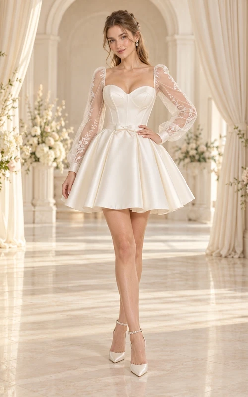 Short Sweetheart Long Sleeve Lace Satin Flared Bridal Wedding Dress