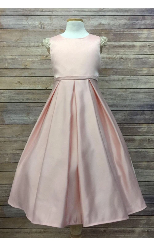 Robe longue en satin trapèze à col rond et manches courtes ornées de bijoux, avec plis