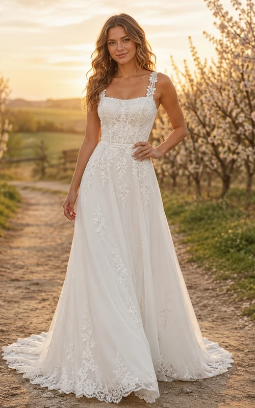 Rustic Square Strap Floral Lace A Line Sweep Train Wedding Dress