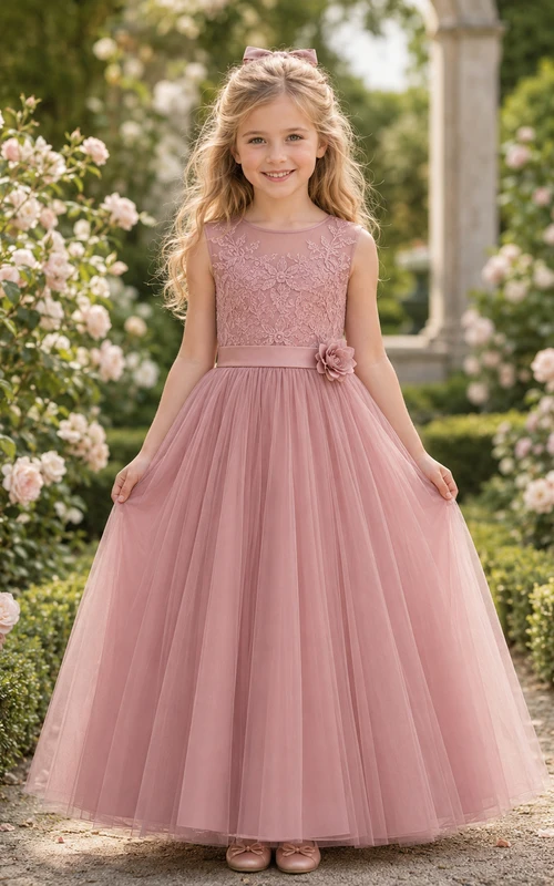 Flower Girl Dress Dusty Rose Lace Tulle A-Line Jewel Neck Floor Length
