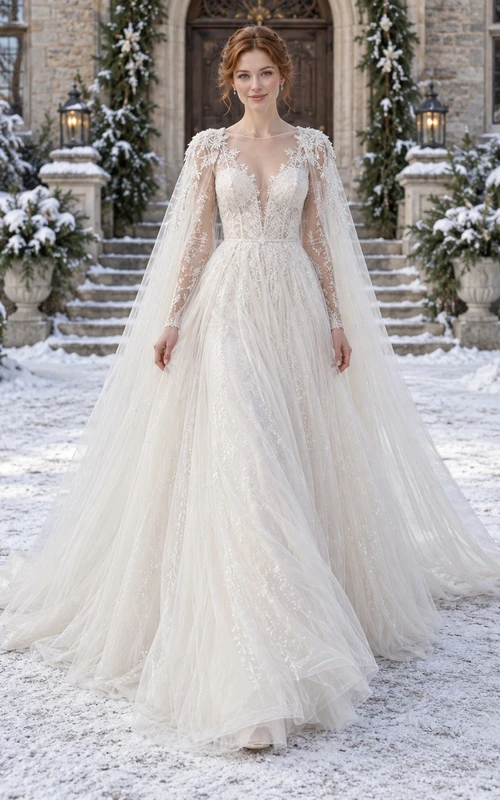 Vestido de novia de corte A con capa, escote en V y tul de manga larga