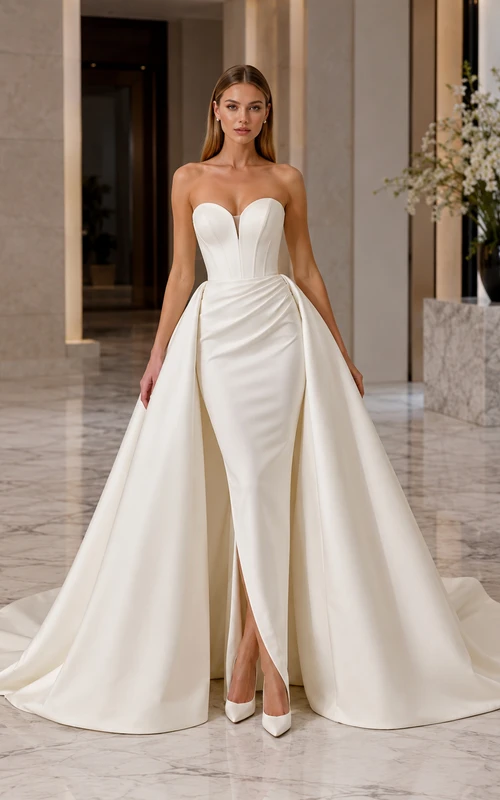 Satin Wedding Dress A-Line Strapless Chapel Train with Slit Bridal Gown