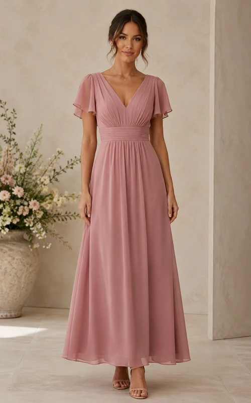 Vestido de dama de honor rosa empolvado de largo midi con mangas acampanadas