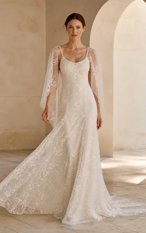 Vestido de novia de encaje ajustado con mangas tipo capa y tirantes finos para capilla