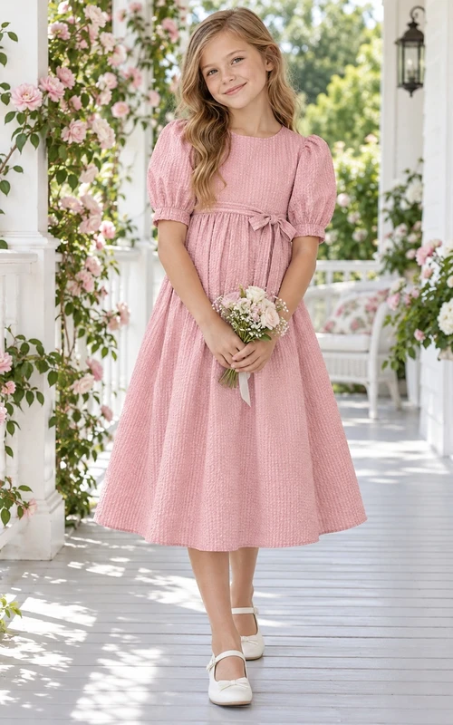 Vintage Tea-length Pink Jewel Neck Puff Sleeve Bow Seersucker Flower Girl Dress