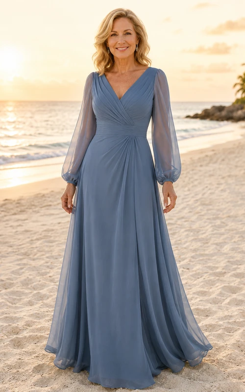 Vestido largo de gasa azul acero, corte en A, manga larga, escote en V y falda plisada, ideal para la madre de la novia.