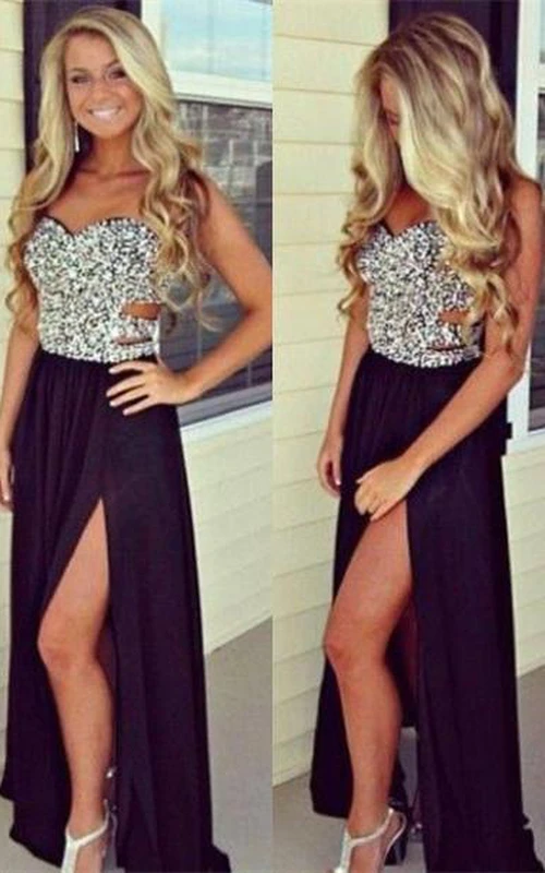 Stunning Sweetheart Crystal Prom Dress Front Split Chiffon Evening Gown