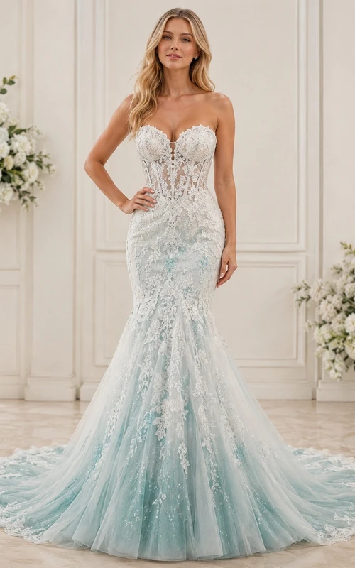 Mist Mermaid Sweetheart Tulle Lace Applique Sweep Elegant Bridal Wedding Dress