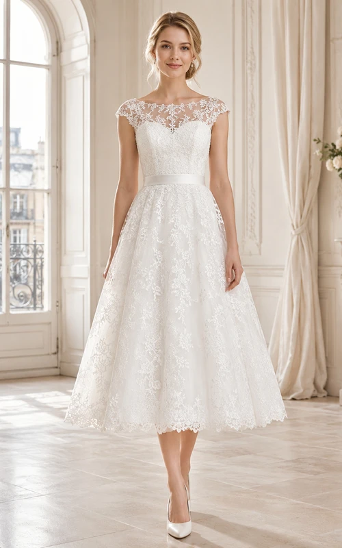 Classic Tea-Length Bateau Cap Sleeve Lace A-Line Vintage Wedding Dress