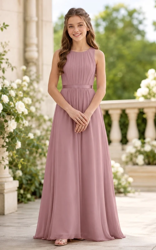 Vestido de dama de honor juvenil color rosa empolvado, corte en A, sin mangas, color joya.