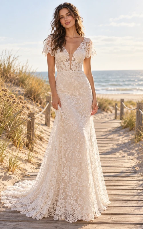 Short Flutter Sleeve Plunge V-neck Fitted Lace Wedding Dress