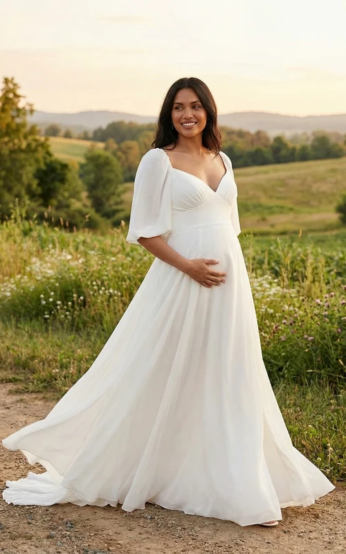 Robe de mariée de maternité blanche à manches bouffantes et col en V