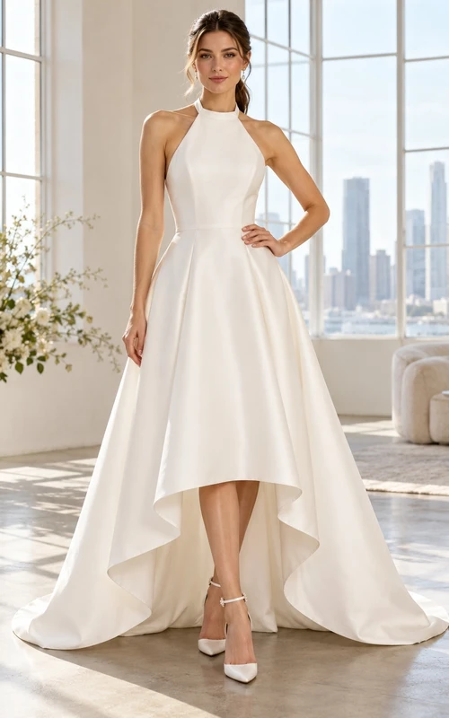High-low Simple Halter Satin Sleeveless A-line Train Civil Wedding Dress