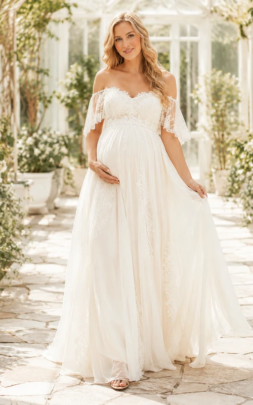 Boho Maternity Chiffon Empire Off Shoulder Short Lace Sleeve Wedding Dress