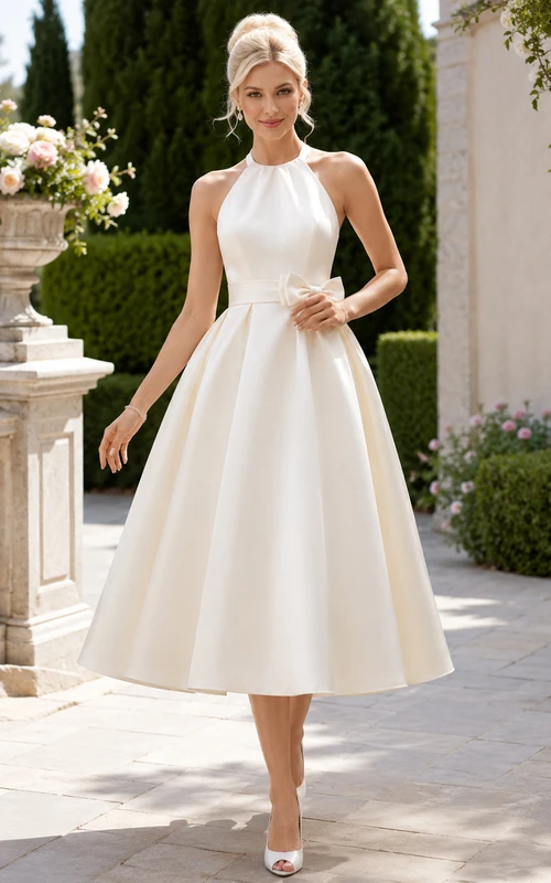 Robe de mariée vintage en satin, dos nu, col montant, coupe trapèze, longueur thé, col licou