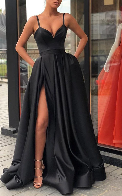 Robe de bal noire à bretelles spaghetti en satin, coupe empire, unie