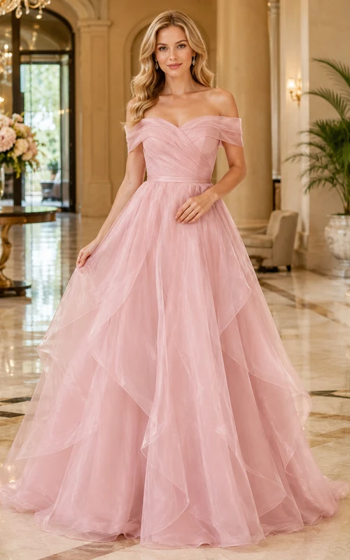 Blush Off Shoulder Layered Organza Ball Gown Formal Dress