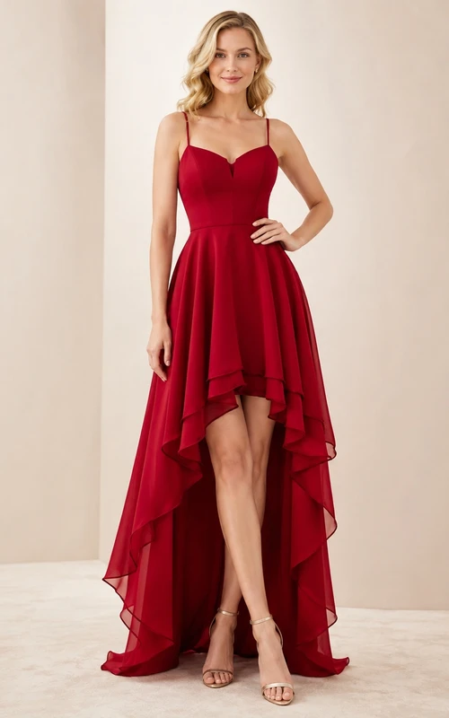 Robe de bal rouge rubis en mousseline, coupe asymétrique, décolleté en cœur, corsage structuré, jupe fluide et ourlet asymétrique.
