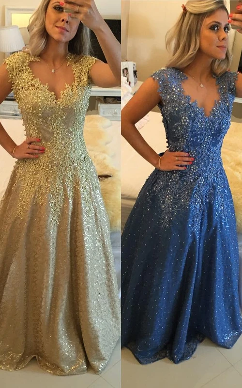Elegantes vestidos de fiesta largos hasta el suelo con apliques de encaje y mangas cortas.