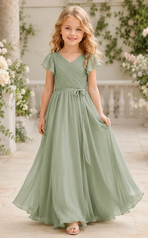 Robe de demoiselle d'honneur en mousseline vert sauge, coupe trapèze, manches pétales, ruban et volants