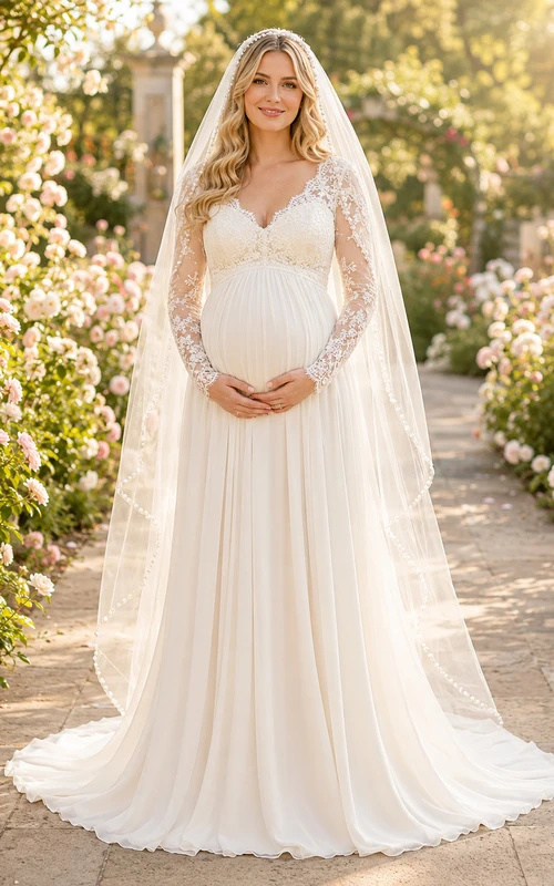 Maternity Wedding Dress V-Neck Long Lace Sleeve A-Line Gown with Garden Train
